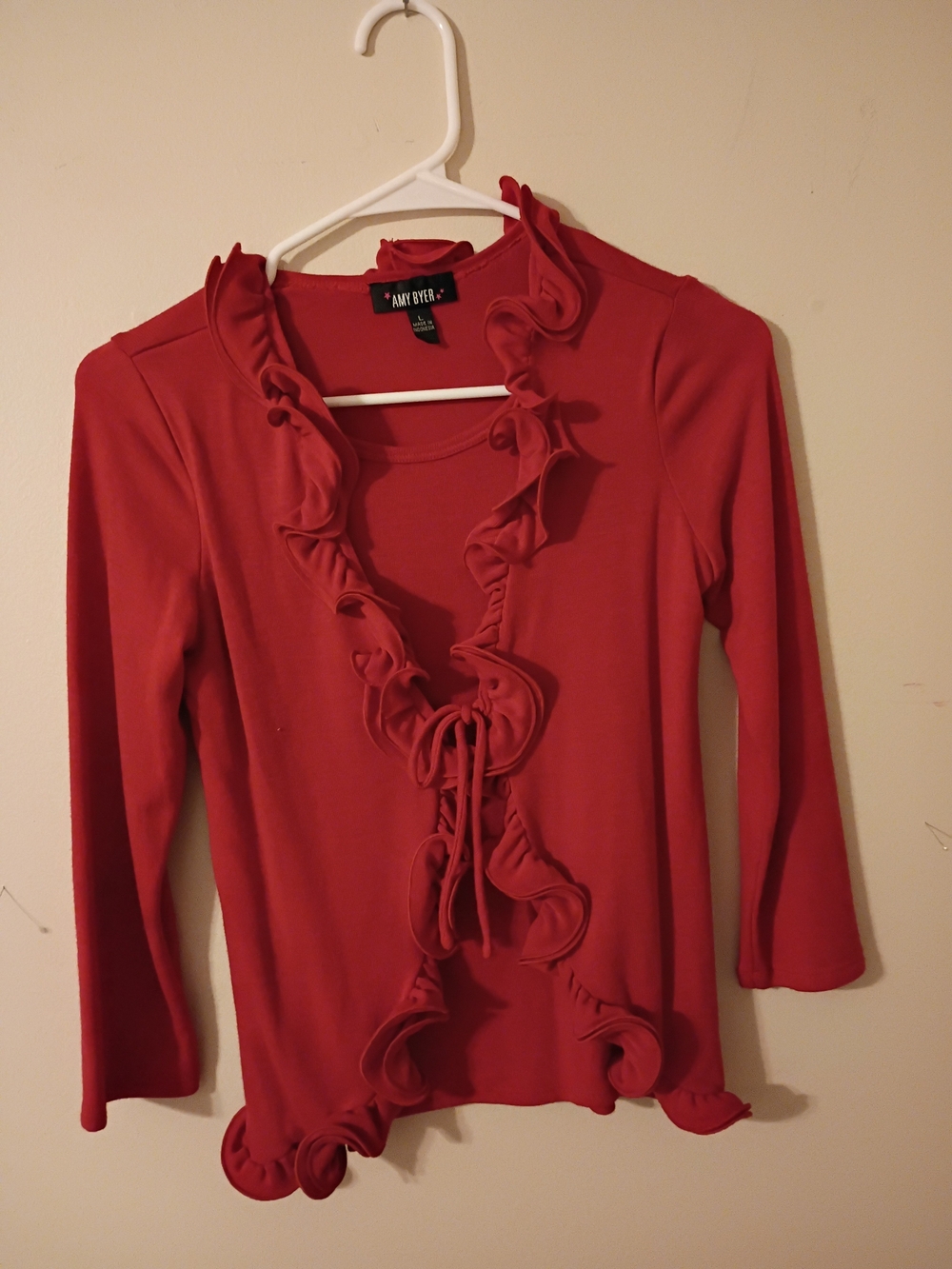 Amy Byer Red Ruffle Tie-Front Long Sleeve Top
